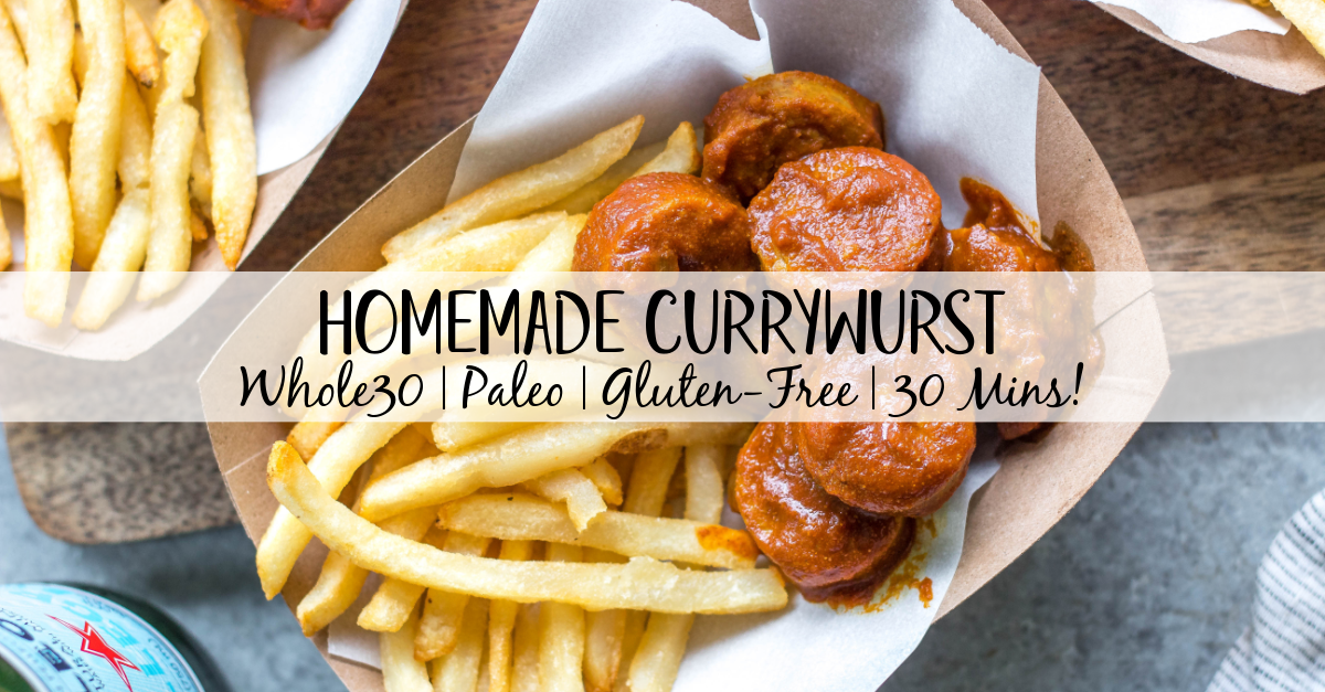 This homemade currywurst is a German street food staple. This version, while much like the traditional one, is sugar-free, Whole30 and paleo! You'll love it because it's such a burst of flavor, comforting, and cooks in under 30 minutes. It also only requires very few ingredients, making it perfect for lunch or an easy weeknight dinner recipe. #whole30germanrecipes #germanfood #whole30pork #paleopork #bratrecipes #lunchrecipes