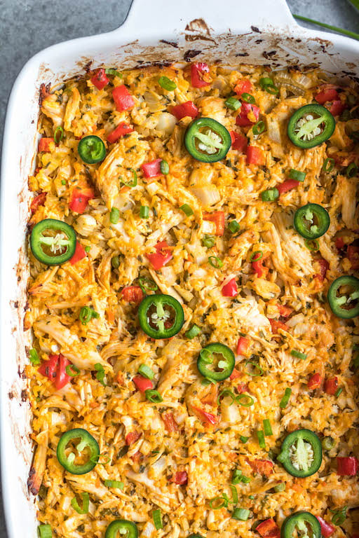 This easy Whole30 jalapeño buffalo chicken casserole is simple to make and full of flavor. It's also full of vegetables, making this a healthy weeknight dinner or meal prep recipe. This is also a keto/low carb, paleo and gluten-free casserole, so everyone in the family will enjoy it! Casseroles are a great way to get dinner on the table, and this Whole30 buffalo chicken casserole is a perfect example! #ketocasserole #whole30casserole #buffalochicken #paleo #whole30chicken