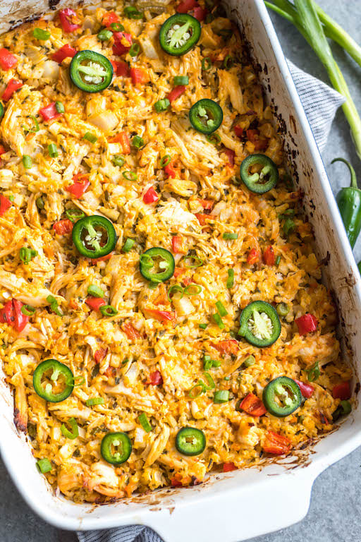 This easy Whole30 jalapeño buffalo chicken casserole is simple to make and full of flavor. It's also full of vegetables, making this a healthy weeknight dinner or meal prep recipe. This is also a keto/low carb, paleo and gluten-free casserole, so everyone in the family will enjoy it! Casseroles are a great way to get dinner on the table, and this Whole30 buffalo chicken casserole is a perfect example! #ketocasserole #whole30casserole #buffalochicken #paleo #whole30chicken