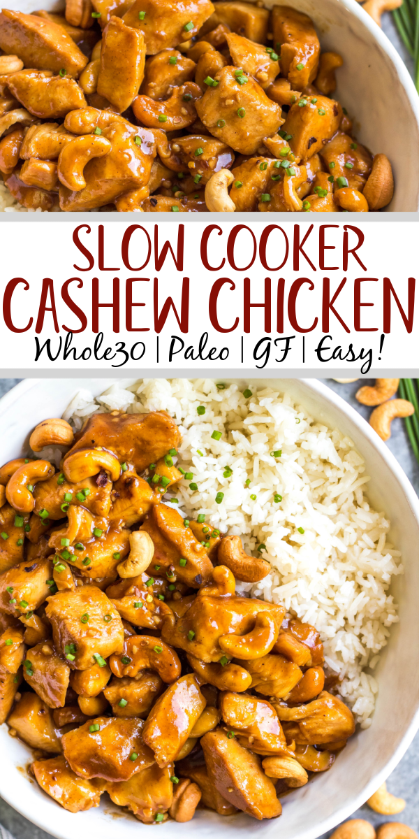 This slow cooker cashew chicken is an easy, healthy dinner or meal prep recipe. It's Whole30, paleo, gluten-free and soy-free, and only needs 10 minutes of prep work to dice chicken and make an easy sauce. The crockpot does the rest of the work, and you get a family friendly meal that's quick and simple to clean up. Paired with a vegetable side, this is the perfect go-to for a busy weeknight! #whole30slowcooker #cashewchicken #whole30chicken #glutenfreechicken #slowcookerrecipes #healthycashewchicken