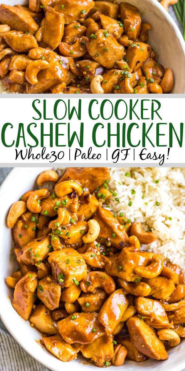 This slow cooker cashew chicken is an easy, healthy dinner or meal prep recipe. It's Whole30, paleo, gluten-free and soy-free, and only needs 10 minutes of prep work to dice chicken and make an easy sauce. The crockpot does the rest of the work, and you get a family friendly meal that's quick and simple to clean up. Paired with a vegetable side, this is the perfect go-to for a busy weeknight! #whole30slowcooker #cashewchicken #whole30chicken #glutenfreechicken #slowcookerrecipes #healthycashewchicken