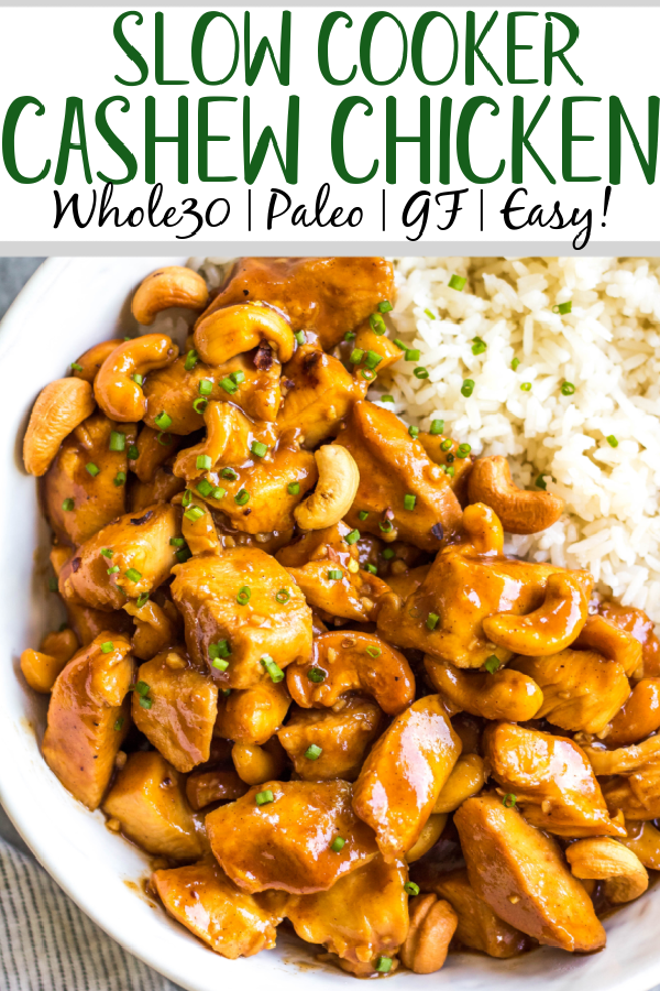 This slow cooker cashew chicken is an easy, healthy dinner or meal prep recipe. It's Whole30, paleo, gluten-free and soy-free, and only needs 10 minutes of prep work to dice chicken and make an easy sauce. The crockpot does the rest of the work, and you get a family friendly meal that's quick and simple to clean up. Paired with a vegetable side, this is the perfect go-to for a busy weeknight! #whole30slowcooker #cashewchicken #whole30chicken #glutenfreechicken #slowcookerrecipes #healthycashewchicken