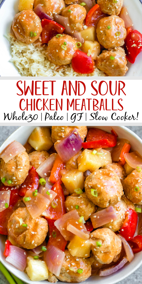 These sweet and sour chicken meatballs are made in the slow cooker, and are paleo, gluten-free and easily made Whole30! It takes less than 20 minutes to prepare, and then the crock pot does the cooking for you. These Whole30 meatballs are perfect for a weeknight dinner, or meal prep for easy, healthy lunches. It's a family friendly recipe that has the flavors you love from your favorite Chinese takeout! #whole30recipes #whole30slowcooker #crockpot #sweetandsour #chickenrecipes