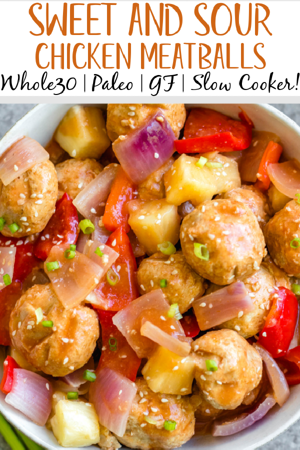 These sweet and sour chicken meatballs are made in the slow cooker, and are paleo, gluten-free and easily made Whole30! It takes less than 20 minutes to prepare, and then the crock pot does the cooking for you. These Whole30 meatballs are perfect for a weeknight dinner, or meal prep for easy, healthy lunches. It's a family friendly recipe that has the flavors you love from your favorite Chinese takeout! #whole30recipes #whole30slowcooker #crockpot #sweetandsour #chickenrecipes