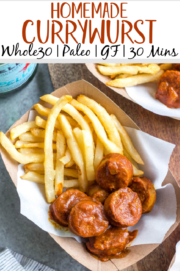 This homemade currywurst is a German street food staple. This version, while much like the traditional one, is sugar-free, Whole30 and paleo! You'll love it because it's such a burst of flavor, comforting, and cooks in under 30 minutes. It also only requires very few ingredients, making it perfect for lunch or an easy weeknight dinner recipe. #whole30germanrecipes #germanfood #whole30pork #paleopork #bratrecipes #lunchrecipes