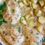 This Whole30 dijon chicken and potato skillet is an easy and healthy one pan meal. It's perfect for a weeknight dinner or meal prep for lunches, and it's also paleo and gluten-free! The chicken breasts and potatoes are sautéed in garlic, and then baked in a creamy dijon sauce, and the result is a simple, flavorful Whole30 dinner recipe everyone will love! #whole30recipes #onepotmeal #whole30chicken #glutenfreechicken #dijonrecipes #oneskillet