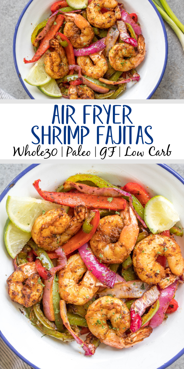 These air fryer shrimp fajitas are great for a quick and easy weeknight dinner, taco night, meal prep, or simple healthy lunch. They are very simple to toss together, with minimal hands on time, and are Whole30, paleo, keto/low carb, and gluten-free! The homemade fajita seasoning adds the perfect flavor to the bell peppers, onion and shrimp! #whole30airfryer #shrimpfajitas #airfryerrecipes #ketoairfryer #whole30shrimp #glutenfree