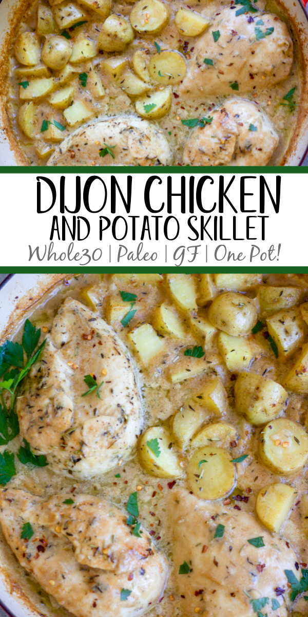 This Whole30 dijon chicken and potato skillet is an easy and healthy one pan meal. It's perfect for a weeknight dinner or meal prep for lunches, and it's also paleo and gluten-free! The chicken breasts and potatoes are sautéed in garlic, and then baked in a creamy dijon sauce, and the result is a simple, flavorful Whole30 dinner recipe everyone will love! #whole30recipes #onepotmeal #whole30chicken #glutenfreechicken #dijonrecipes #oneskillet