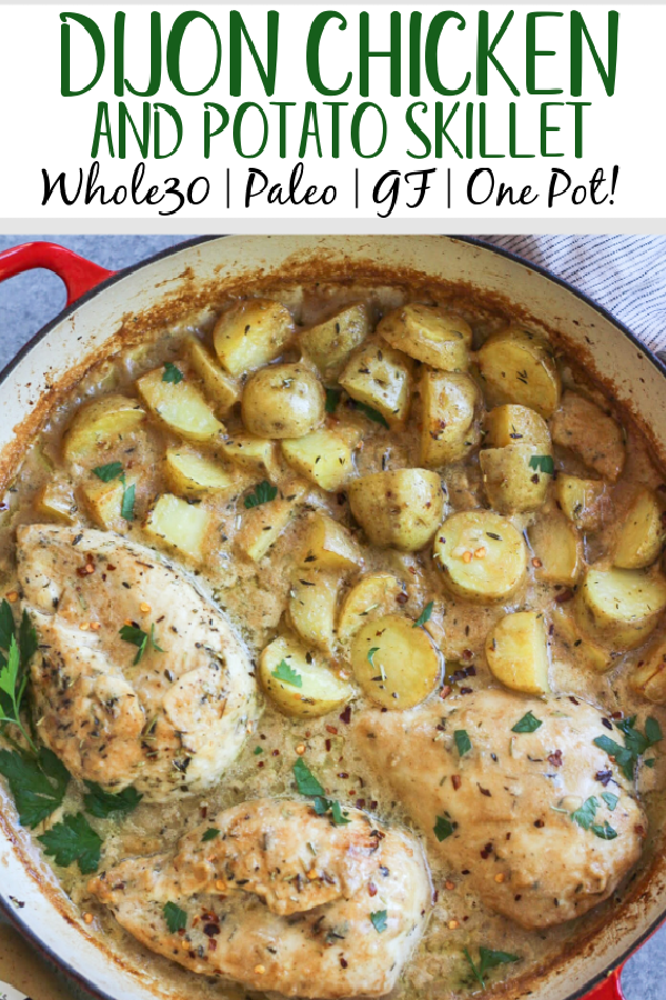 This Whole30 dijon chicken and potato skillet is an easy and healthy one pan meal. It's perfect for a weeknight dinner or meal prep for lunches, and it's also paleo and gluten-free! The chicken breasts and potatoes are sautéed in garlic, and then baked in a creamy dijon sauce, and the result is a simple, flavorful Whole30 dinner recipe everyone will love! #whole30recipes #onepotmeal #whole30chicken #glutenfreechicken #dijonrecipes #oneskillet