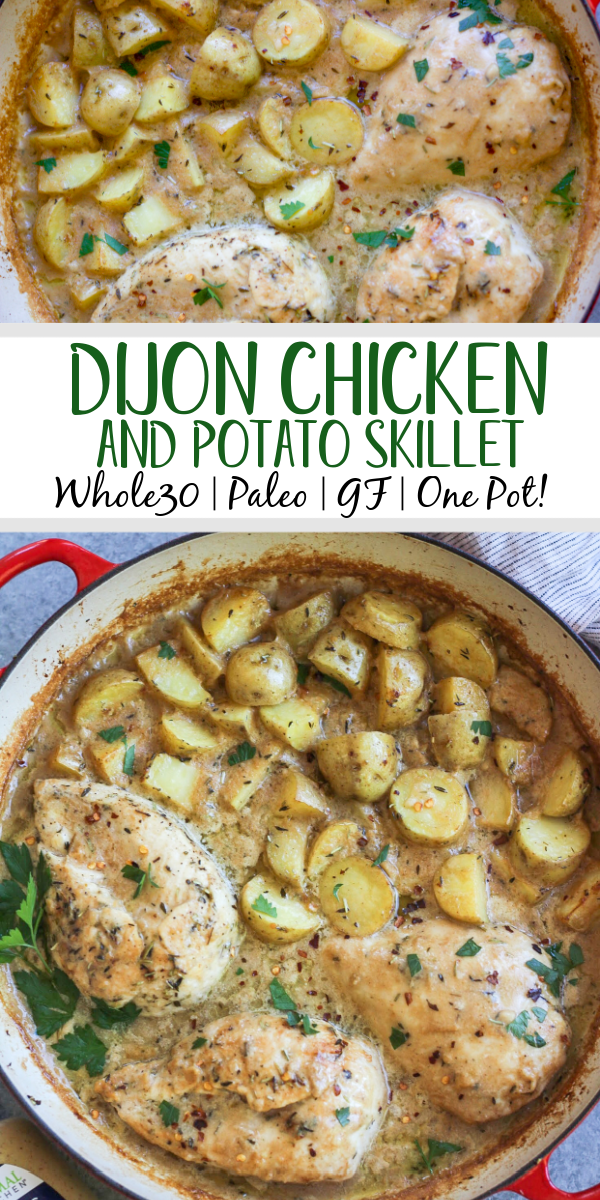 This Whole30 dijon chicken and potato skillet is an easy and healthy one pan meal. It's perfect for a weeknight dinner or meal prep for lunches, and it's also paleo and gluten-free! The chicken breasts and potatoes are sautéed in garlic, and then baked in a creamy dijon sauce, and the result is a simple, flavorful Whole30 dinner recipe everyone will love! #whole30recipes #onepotmeal #whole30chicken #glutenfreechicken #dijonrecipes #oneskillet