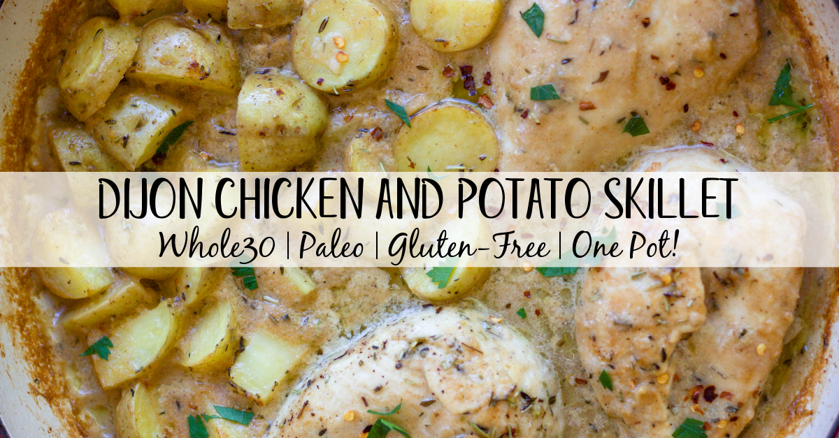 This Whole30 dijon chicken and potato skillet is an easy and healthy one pan meal. It's perfect for a weeknight dinner or meal prep for lunches, and it's also paleo and gluten-free! The chicken breasts and potatoes are sautéed in garlic, and then baked in a creamy dijon sauce, and the result is a simple, flavorful Whole30 dinner recipe everyone will love! #whole30recipes #onepotmeal #whole30chicken #glutenfreechicken #dijonrecipes #oneskillet