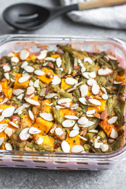 This easy Whole30 butternut squash green bean casserole recipe is a healthy vegetable side dish that's perfect for the fall and winter months. It's simple to prepare, deliciously creamy, and it's paleo, gluten-free and dairy-free. This butternut squash recipe is a different way to enjoy this veggie, and it's perfect for a weeknight dinner side or a holiday meal. #butternutsquash #greenbeancasserole #dairyfree #paleo #vegetablerecipes #whole30vegetables #whole30sides