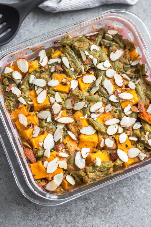 This easy Whole30 butternut squash green bean casserole recipe is a healthy vegetable side dish that's perfect for the fall and winter months. It's simple to prepare, deliciously creamy, and it's paleo, gluten-free and dairy-free. This butternut squash recipe is a different way to enjoy this veggie, and it's perfect for a weeknight dinner side or a holiday meal. #butternutsquash #greenbeancasserole #dairyfree #paleo #vegetablerecipes #whole30vegetables #whole30sides