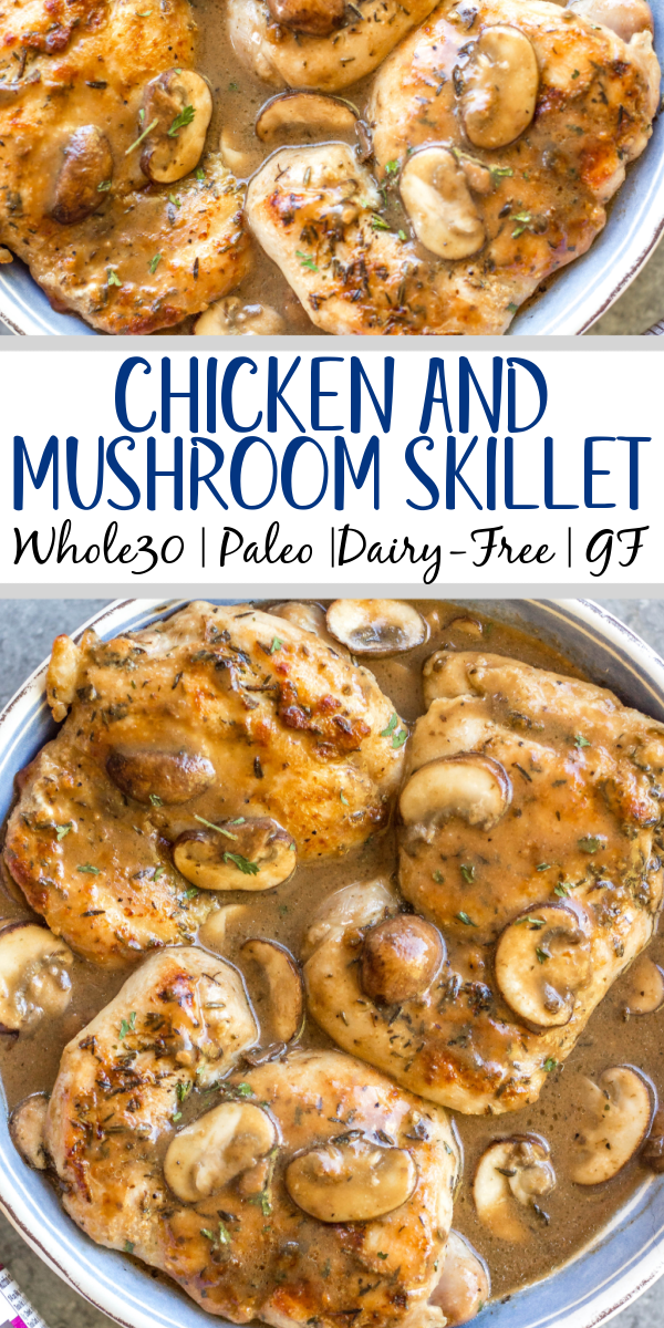 This easy chicken thighs and mushroom skillet is a 30 minute one pan meal that's ideal for busy weeknights! It's full of flavor from a creamy, rich gravy, while still being Whole30, paleo, gluten-free, and dairy-free! There's only a few simple ingredients which makes this dish come together quickly, and it's great for a healthy meal prep recipe because it reheats incredibly well. This is a family-friendly recipe everyone will love! #onepan #whole30chicken #chickenthighs #mushroomrecipes #paleorecipes #glutenfreechicken #weeknightchicken