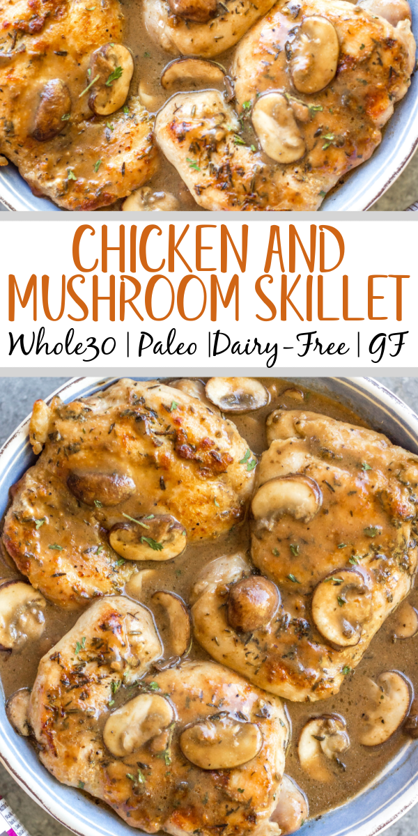 This easy chicken thighs and mushroom skillet is a 30 minute one pan meal that's ideal for busy weeknights! It's full of flavor from a creamy, rich gravy, while still being Whole30, paleo, gluten-free, and dairy-free! There's only a few simple ingredients which makes this dish come together quickly, and it's great for a healthy meal prep recipe because it reheats incredibly well. This is a family-friendly recipe everyone will love! #onepan #whole30chicken #chickenthighs #mushroomrecipes #paleorecipes #glutenfreechicken #weeknightchicken