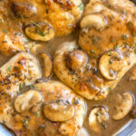 This easy chicken thighs and mushroom skillet is a 30 minute one pan meal that's ideal for busy weeknights! It's full of flavor from a creamy, rich gravy, while still being Whole30, paleo, gluten-free, and dairy-free! There's only a few simple ingredients which makes this dish come together quickly, and it's great for a healthy meal prep recipe because it reheats incredibly well. This is a family-friendly recipe everyone will love! #onepan #whole30chicken #chickenthighs #mushroomrecipes #paleorecipes #glutenfreechicken #weeknightchicken