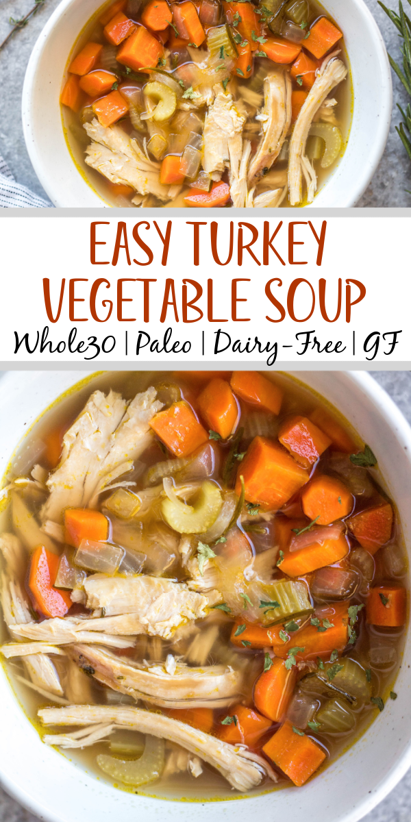 This easy turkey soup is perfect for using up leftover turkey, especially those Thanksgiving turkey leftovers! This soup cooks on the stovetop in about 30 minutes, is a great use for leftover herbs you have, and is Whole30, Paleo, gluten-free and dairy-free. Along with being family-friendly Whole30 soup recipe, it also is freezer-friendly, so you can save it to enjoy turkey beyond the holiday season! #leftoverturkey #whole30soup #holidayrecipes #turkeysoup #whole30soup