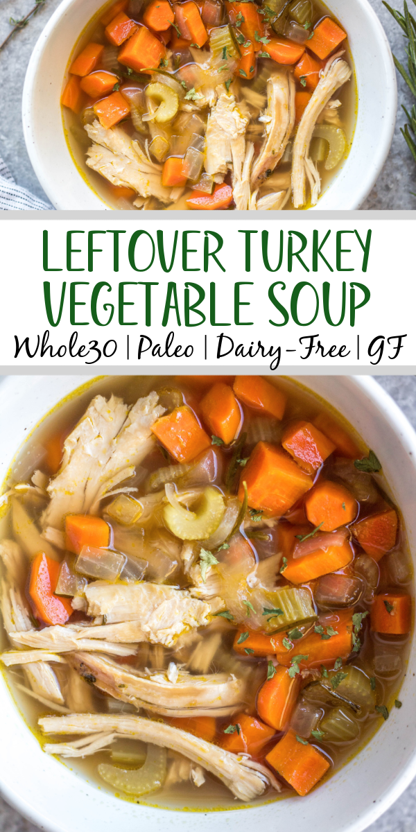 This easy turkey soup is perfect for using up leftover turkey, especially those Thanksgiving turkey leftovers! This soup cooks on the stovetop in about 30 minutes, is a great use for leftover herbs you have, and is Whole30, Paleo, gluten-free and dairy-free. Along with being family-friendly Whole30 soup recipe, it also is freezer-friendly, so you can save it to enjoy turkey beyond the holiday season! #leftoverturkey #whole30soup #holidayrecipes #turkeysoup #whole30soup