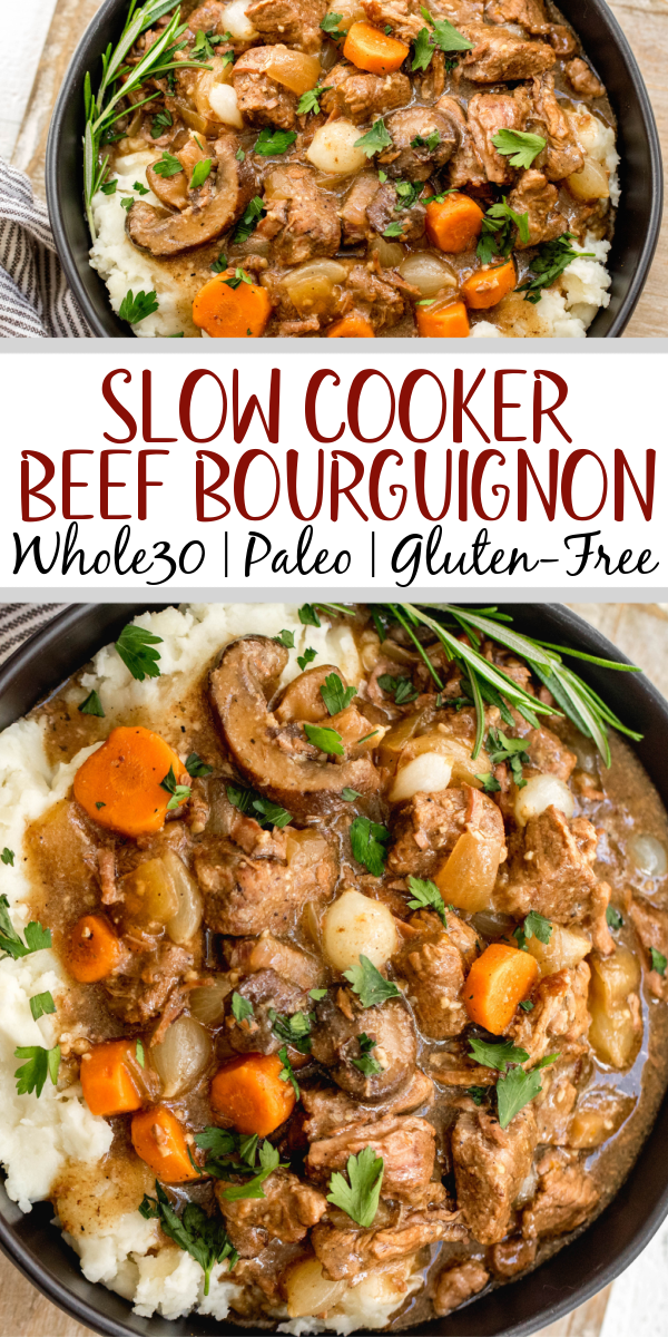 This Whole30 slow cooker beef bourguignon is an easy set it and forget recipe. It's paleo, gluten-free and dairy-free, full of vegetables and rich in flavor. Beef bourguignon in the crockpot is made with stew meat, and is ideal for a simple weeknight dinner or meal prep recipe to use for lunches. It's also freezer friendly, and this Whole30 beef recipe is sure to be a family favorite! #whole30slowcooker #whole30beef