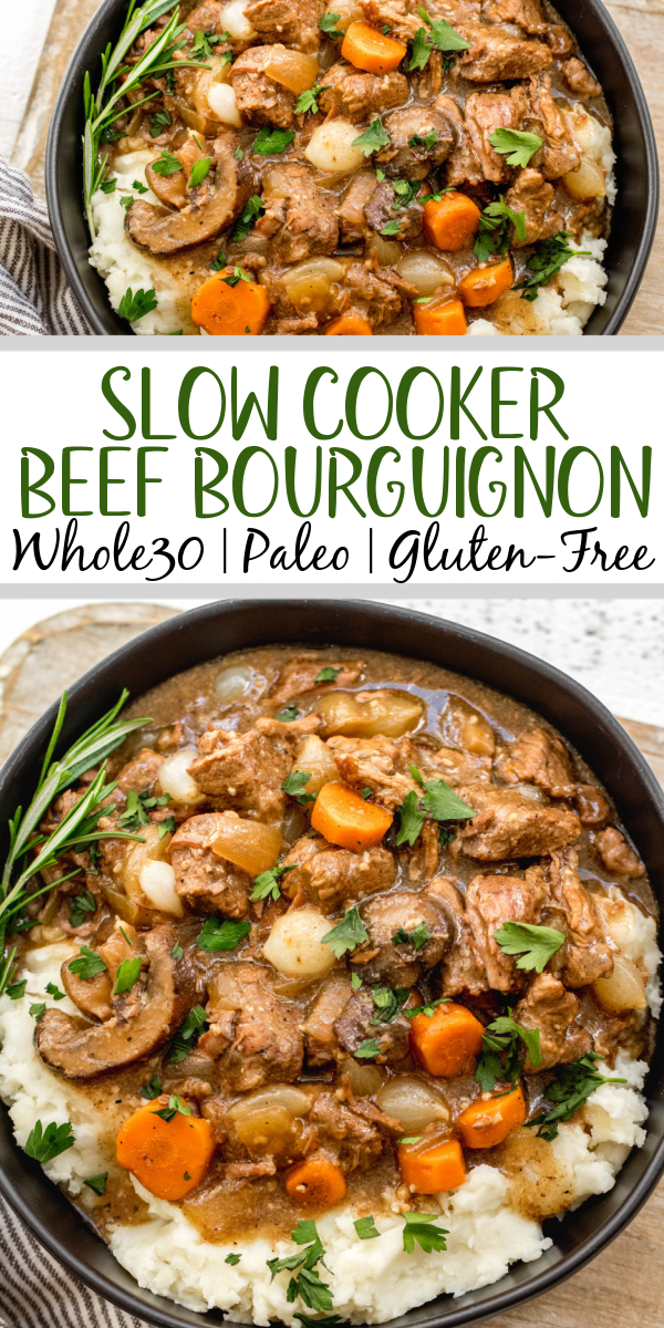 This Whole30 slow cooker beef bourguignon is an easy set it and forget recipe. It's paleo, gluten-free and dairy-free, full of vegetables and rich in flavor. Beef bourguignon in the crockpot is made with stew meat, and is ideal for a simple weeknight dinner or meal prep recipe to use for lunches. It's also freezer friendly, and this Whole30 beef recipe is sure to be a family favorite! #whole30slowcooker #whole30beef