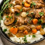 This Whole30 slow cooker beef bourguignon is an easy set it and forget recipe. It's paleo, gluten-free and dairy-free, full of vegetables and rich in flavor. Beef bourguignon in the crockpot is made with stew meat, and is ideal for a simple weeknight dinner or meal prep recipe to use for lunches. It's also freezer friendly, and this Whole30 beef recipe is sure to be a family favorite! #whole30slowcooker #whole30beef