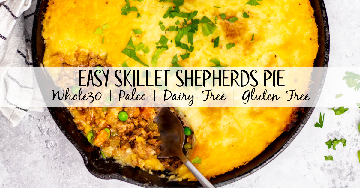 This Whole30 Shepherd's Pie recipe is baked in an oven proof skillet which makes the cooking process simple and easy. It's also a budget-friendly ground beef recipe that's paleo, gluten-free, dairy-free and can be made low carb. With vegetables like carrots, onions, celery and peas mixed in with a flavorful gravy, the filling is a perfect companion for the creamy mashed potatoes. It's a hearty, cozy recipe that's family friendly and also great for meal prep! #groundbeefrecipes #whole30beef 