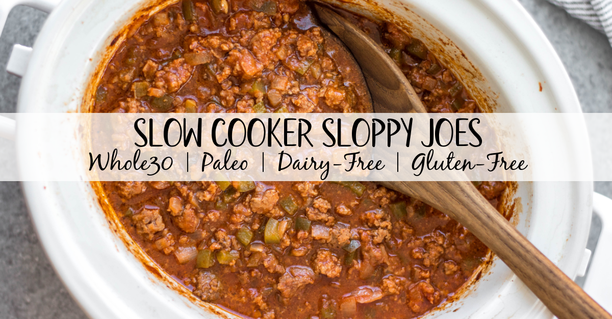 This easy recipe for slow cooker sloppy joes is so simple, but so full of the flavors we know and love! It's perfect for meal prep, easy weeknight meals, family gatherings or football parties, and so much more. The best is that it's Whole30, paleo, gluten-free, and made without sugar so everyone can enjoy! Cooking in the slow cooker makes it great for guests to serve themselves, or to bring to a potluck, and it's a budget friendly ground beef recipe that will be a family favorite! #whole30sloppyjoes #whole30groundbeef #whole30beefrecipes #slowcookerbeef #paleogroundbeef