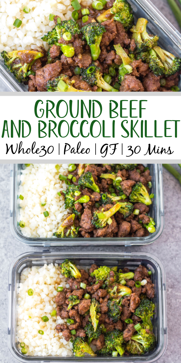 This Whole30 ground beef and broccoli skillet is perfect for a quick weeknight meal or meal prep recipe. It comes together in under 30 minutes, has a simple ingredient list which makes it budget friendly, and reheats well! It's also paleo, low carb, and gluten-free, so everyone can enjoy it. Made in only one pan, so you won't have to spend time on clean up either! #groundbeefrecipes #onepan #skilletrecipes #whole30beef #lowcarb #glutenfreerecipes