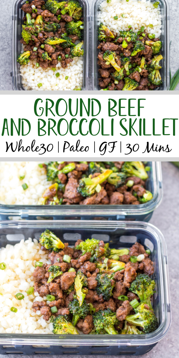 This Whole30 ground beef and broccoli skillet is perfect for a quick weeknight meal or meal prep recipe. It comes together in under 30 minutes, has a simple ingredient list which makes it budget friendly, and reheats well! It's also paleo, low carb, and gluten-free, so everyone can enjoy it. Made in only one pan, so you won't have to spend time on clean up either! #groundbeefrecipes #onepan #skilletrecipes #whole30beef #lowcarb #glutenfreerecipes