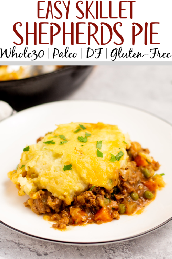 This Whole30 Shepherd's Pie recipe is baked in an oven proof skillet which makes the cooking process simple and easy. It's also a budget-friendly ground beef recipe that's paleo, gluten-free, dairy-free and can be made low carb. With vegetables like carrots, onions, celery and peas mixed in with a flavorful gravy, the filling is a perfect companion for the creamy mashed potatoes. It's a hearty, cozy recipe that's family friendly and also great for meal prep! #groundbeefrecipes #whole30beef