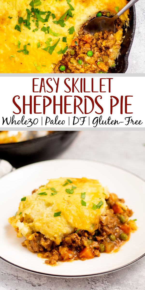 This Whole30 Shepherd's Pie recipe is baked in an oven proof skillet which makes the cooking process simple and easy. It's also a budget-friendly ground beef recipe that's paleo, gluten-free, dairy-free and can be made low carb. With vegetables like carrots, onions, celery and peas mixed in with a flavorful gravy, the filling is a perfect companion for the creamy mashed potatoes. It's a hearty, cozy recipe that's family friendly and also great for meal prep! #groundbeefrecipes #whole30beef