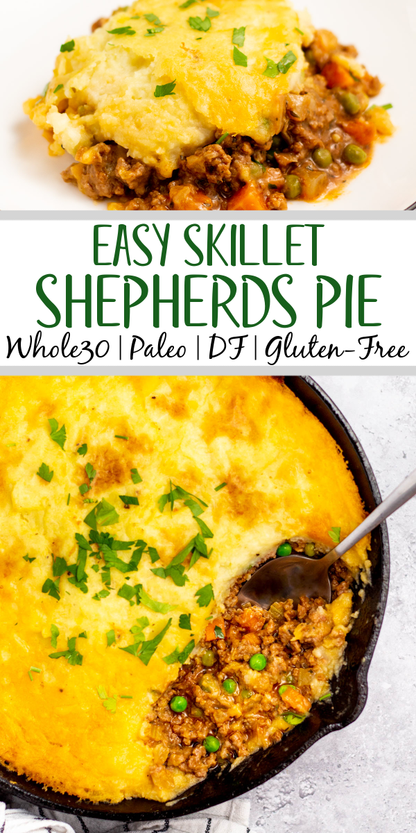 This Whole30 Shepherd's Pie recipe is baked in an oven proof skillet which makes the cooking process simple and easy. It's also a budget-friendly ground beef recipe that's paleo, gluten-free, dairy-free and can be made low carb. With vegetables like carrots, onions, celery and peas mixed in with a flavorful gravy, the filling is a perfect companion for the creamy mashed potatoes. It's a hearty, cozy recipe that's family friendly and also great for meal prep! #groundbeefrecipes #whole30beef