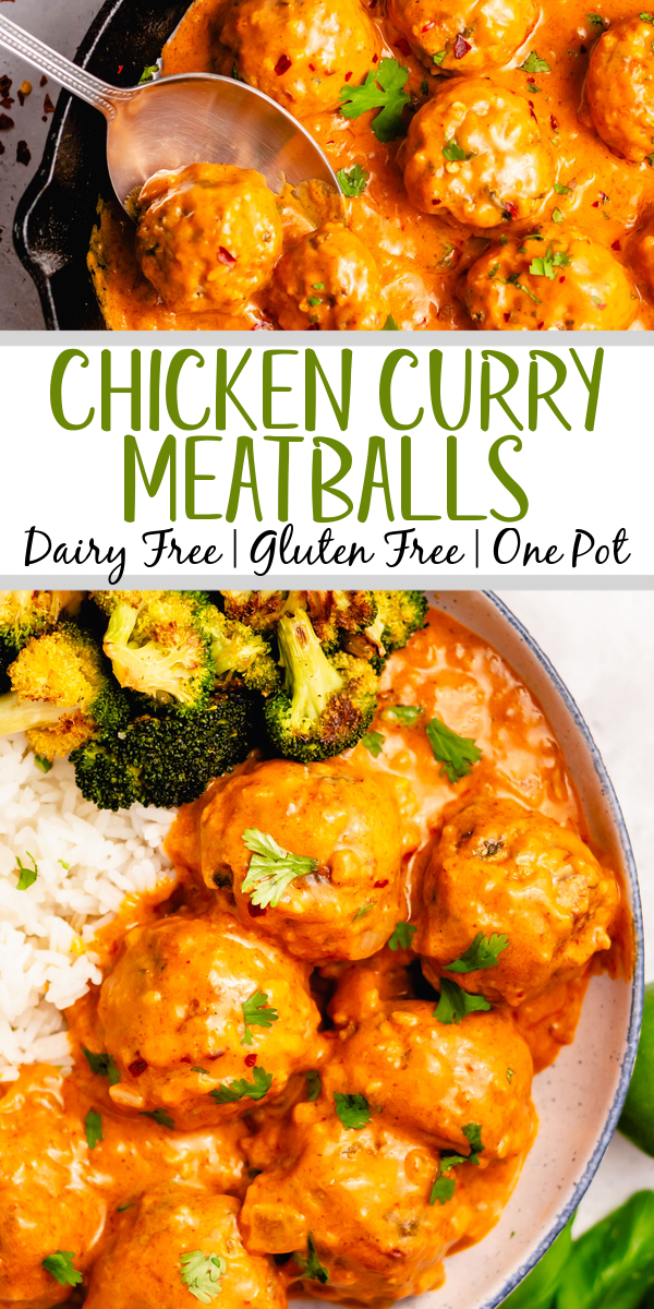 These Whole30 curry chicken meatballs are the perfect weeknight dinner recipe. Made on the stovetop, these gluten free ground chicken meatballs are dairy free, low carb and are done in one skillet. If you're looking for a dinner that is both healthy and delicious while keeping your cleanup to a minimum, give this curry chicken meatball recipe a go! #chickenmeatballs #glutenfreerecipes #dairyfreerecipes #whole30chicken