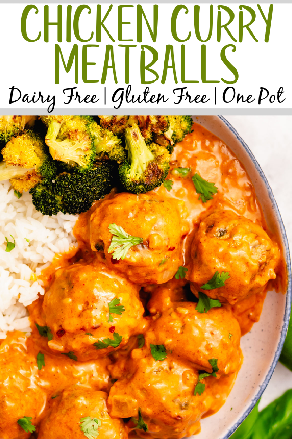 These Whole30 curry chicken meatballs are the perfect weeknight dinner recipe. Made on the stovetop, these gluten free ground chicken meatballs are dairy free, low carb and are done in one skillet. If you're looking for a dinner that is both healthy and delicious while keeping your cleanup to a minimum, give this curry chicken meatball recipe a go! #chickenmeatballs #glutenfreerecipes #dairyfreerecipes #whole30chicken