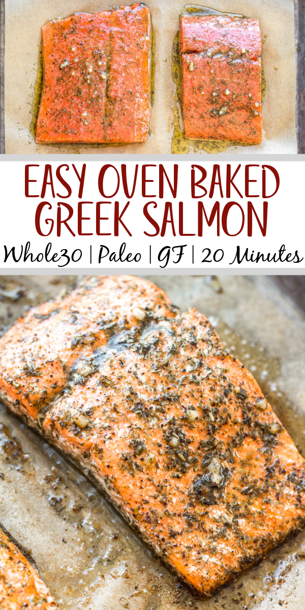 This oven baked Whole30 Greek salmon recipe is an easy way to meal prep or make a quick weeknight meal. It bakes in 15 minutes or cooks in the air fryer in just 10 minutes. This Whole30 salmon is also gluten free, low carb and paleo, so everyone can enjoy it! Lemon juice and a blend of spices like oregano, dill and basil in the marinade will ensure your salmon is bursting with flavor. #whole30salmon #greeksalmon #airfryersalmon #ovenbakedsalmon