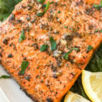 This oven baked Whole30 Greek salmon recipe is an easy way to meal prep or make a quick weeknight meal. It bakes in 15 minutes or cooks in the air fryer in just 10 minutes. This Whole30 salmon is also gluten free, low carb and paleo, so everyone can enjoy it! Lemon juice and a blend of spices like oregano, dill and basil in the marinade will ensure your salmon is bursting with flavor. #whole30salmon #greeksalmon #airfryersalmon #ovenbakedsalmon