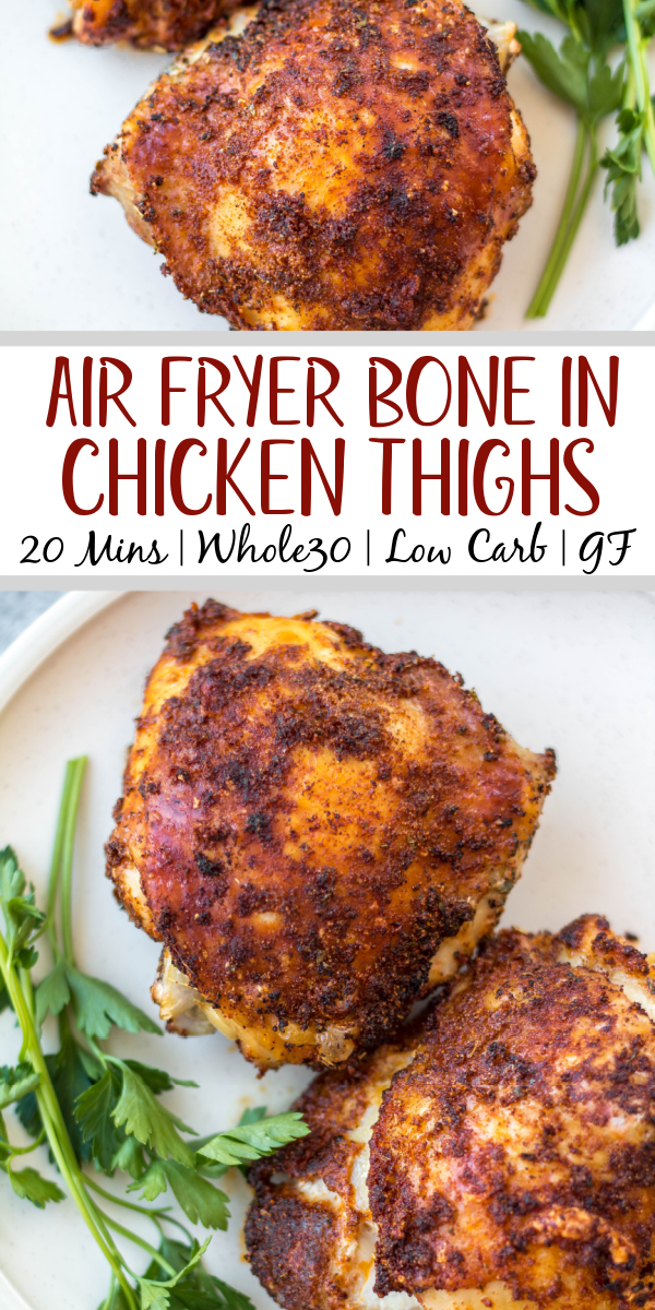 These Whole30 air fryer bone in chicken thighs are so simple and flavorful. The skin gets crispy while the inside stays juicy and tender. They're the perfect option for a quick weeknight dinner and are done in under 30 minutes. Not only are these bone in chicken thighs Whole30, but they're also paleo, gluten free and low carb. #airfryerchicken #whole30airfryer #paleorecipes #glutenfreeairfryer #chickenthighs