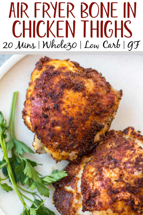 These Whole30 air fryer bone in chicken thighs are so simple and flavorful. The skin gets crispy while the inside stays juicy and tender. They're the perfect option for a quick weeknight dinner and are done in under 30 minutes. Not only are these bone in chicken thighs Whole30, but they're also paleo, gluten free and low carb. #airfryerchicken #whole30airfryer #paleorecipes #glutenfreeairfryer #chickenthighs