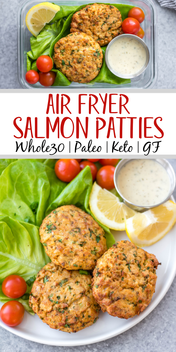 This easy Whole30 air fryer salmon patties are under 10 ingredients, take less than 20 minutes to prep and cook, and are an awesome meal prep recipe. They're also paleo, low carb and keto, and gluten-free! These air fryer patties are made with canned salmon so it's a budget friendly Whole30 recipe made from simple pantry ingredients. #whole30airfryer #whole30salmon #airfryersalmon #salmonpatties #whole30seafood