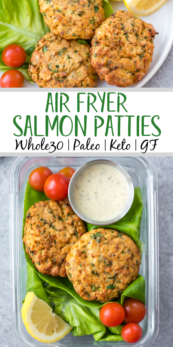 This easy Whole30 air fryer salmon patties are under 10 ingredients, take less than 20 minutes to prep and cook, and are an awesome meal prep recipe. They're also paleo, low carb and keto, and gluten-free! These air fryer patties are made with canned salmon so it's a budget friendly Whole30 recipe made from simple pantry ingredients. #whole30airfryer #whole30salmon #airfryersalmon #salmonpatties #whole30seafood