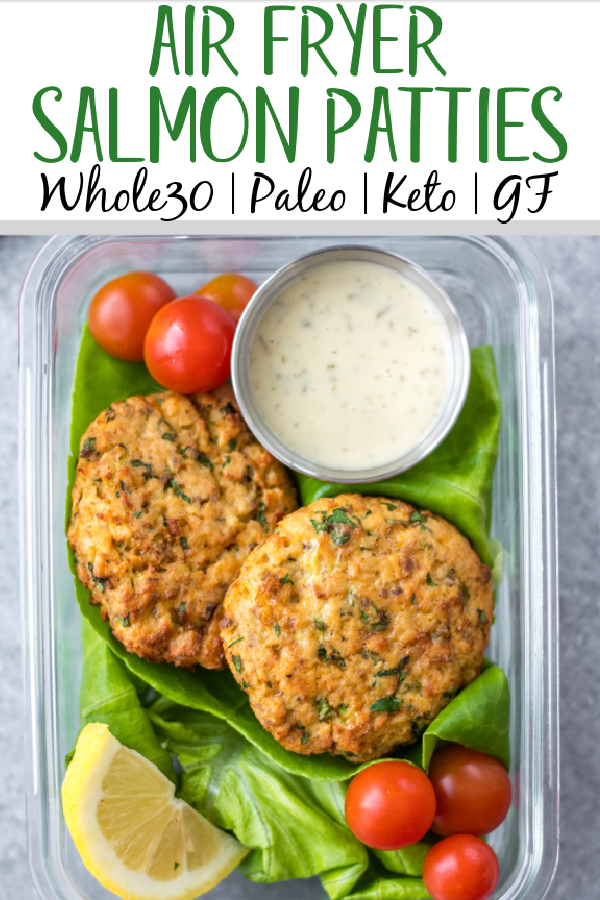 This easy Whole30 air fryer salmon patties are under 10 ingredients, take less than 20 minutes to prep and cook, and are an awesome meal prep recipe. They're also paleo, low carb and keto, and gluten-free! These air fryer patties are made with canned salmon so it's a budget friendly Whole30 recipe made from simple pantry ingredients. #whole30airfryer #whole30salmon #airfryersalmon #salmonpatties #whole30seafood