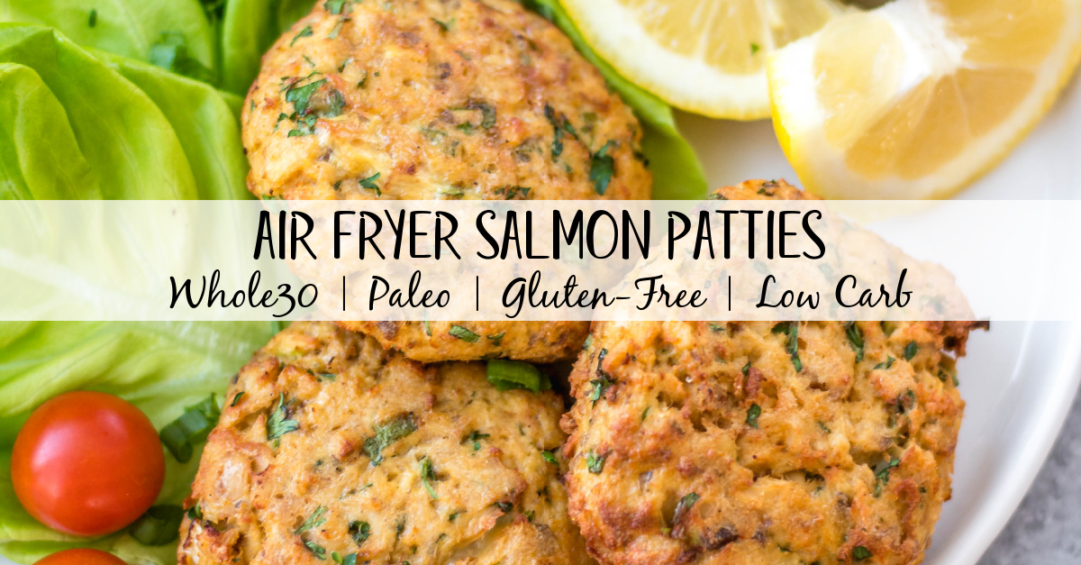 This easy Whole30 air fryer salmon patties are under 10 ingredients, take less than 20 minutes to prep and cook, and are an awesome meal prep recipe. They're also paleo, low carb and keto, and gluten-free! These air fryer patties are made with canned salmon so it's a budget friendly Whole30 recipe made from simple pantry ingredients. #whole30airfryer #whole30salmon #airfryersalmon #salmonpatties #whole30seafood