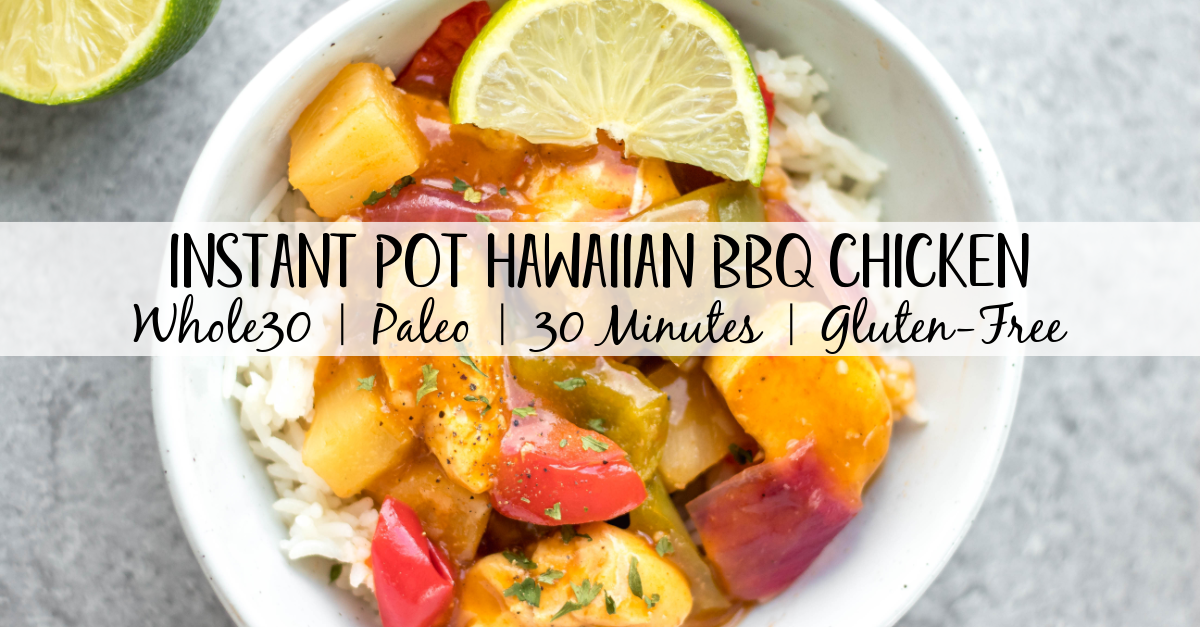 This Whole30 instant pot Hawaiian BBQ chicken recipe is so easy and quick and requires very little prep time. It all comes together in one pot in 30 minutes, and is also paleo, gluten-free and dairy-free. This Whole30 instant pot chicken breast recipe has a tangy sauce made from BBQ and pineapple that perfectly coats the bell peppers and onions and goes great mixed with rice or cauliflower rice. #whole30instantpot #instantpotchicken #glutenfreeinstantpot