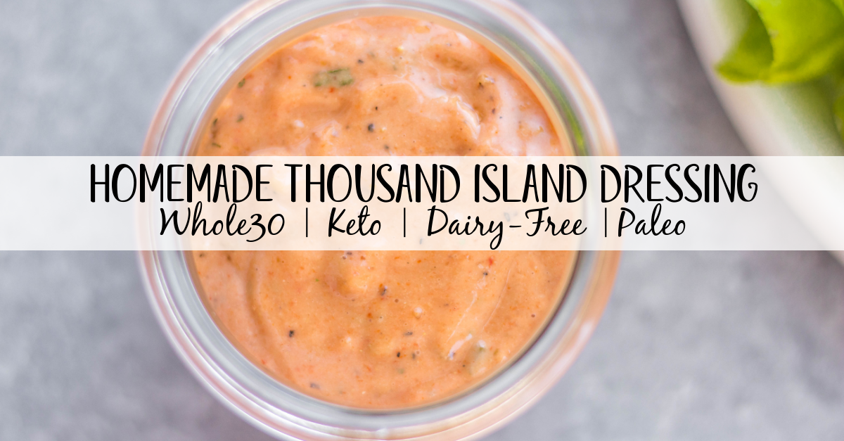 This Whole30 homemade thousand island dressing is so easy to make. It's a smooth, tangy homemade dressing that takes less than 5 minutes to mix together! This DIY dressing is also gluten-free, dairy-free, keto/low carb, and paleo thousand island. It's the perfect addition to salads, burgers, wraps and to dip your fries or veggies in. #whole30dressing #whole30thousandisland #homemadedressing #healthythousandisland