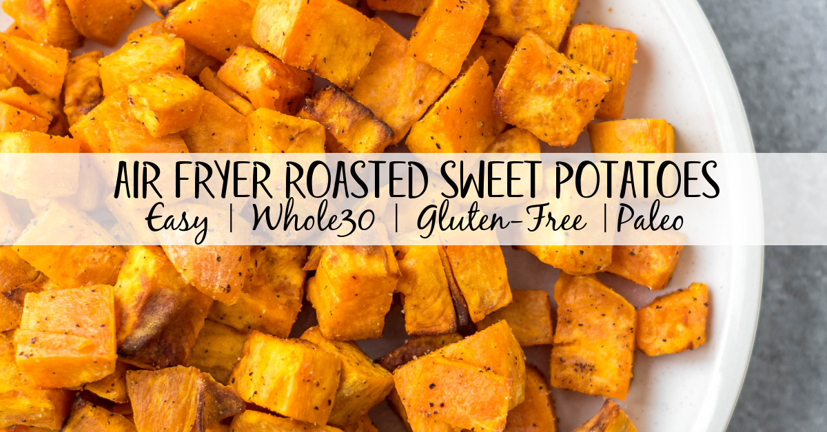 These air fryer roasted sweet potatoes are a quick and easy vegetable side for breakfast, dinner or meal prep. They're Whole30, paleo and gluten-free, and only take 15 minutes! With only 3 ingredients, these air fryer diced sweet potatoes cook in half the time as they would in the oven, and are perfectly crispy every time! #whole30vegetables #airfryer #sweetpotatorecipes #airfryerpotatoes