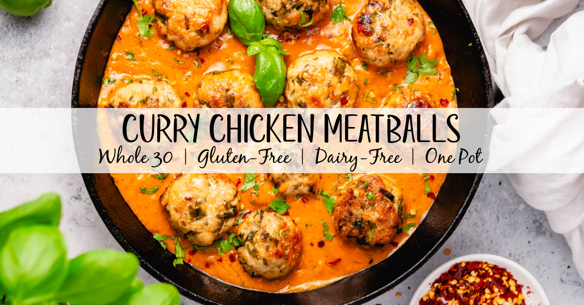 These Whole30 curry chicken meatballs are the perfect weeknight dinner recipe. Made on the stovetop, these gluten free ground chicken meatballs are dairy free, low carb and are done in one skillet. If you're looking for a dinner that is both healthy and delicious while keeping your cleanup to a minimum, give this curry chicken meatball recipe a go! #chickenmeatballs #glutenfreerecipes #dairyfreerecipes #whole30chicken