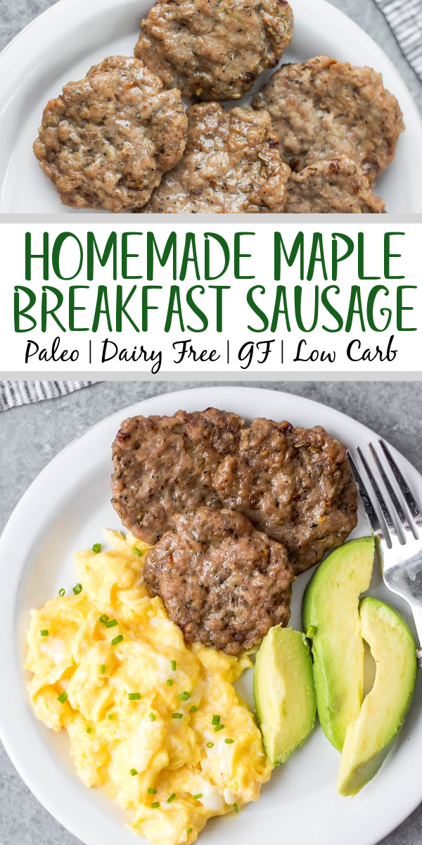 This easy homemade maple breakfast sausage recipe is so simple to make, perfect for meal prepping, and it's freezer friendly! These DIY maple sausages are gluten free, low carb, paleo and only use a few ingredients including ground pork and spices, and only a few minutes time. You can oven bake them or cook them up in a skillet, and they come out delicious every time! #groundporkrecipes #breakfastsausage #freezerrecipes