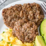 This easy homemade maple breakfast sausage recipe is so simple to make, perfect for meal prepping, and it's freezer friendly! These DIY maple sausages are gluten free, low carb, paleo and only use a few ingredients including ground pork and spices, and only a few minutes time. You can oven bake them or cook them up in a skillet, and they come out delicious every time! #groundporkrecipes #breakfastsausage #freezerrecipes