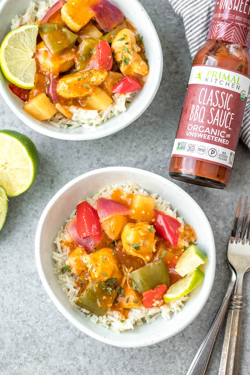 This Whole30 instant pot Hawaiian BBQ chicken recipe is so easy and quick and requires very little prep time. It all comes together in one pot in 30 minutes, and is also paleo, gluten-free and dairy-free. This Whole30 instant pot chicken breast recipe has a tangy sauce made from BBQ and pineapple that perfectly coats the bell peppers and onions and goes great mixed with rice or cauliflower rice. #whole30instantpot #instantpotchicken #glutenfreeinstantpot