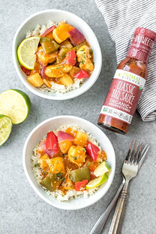This Whole30 instant pot Hawaiian BBQ chicken recipe is so easy and quick and requires very little prep time. It all comes together in one pot in 30 minutes, and is also paleo, gluten-free and dairy-free. This Whole30 instant pot chicken breast recipe has a tangy sauce made from BBQ and pineapple that perfectly coats the bell peppers and onions and goes great mixed with rice or cauliflower rice. #whole30instantpot #instantpotchicken #glutenfreeinstantpot